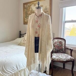 cream knit shawl  cejon one size knit shawl fringe trim
